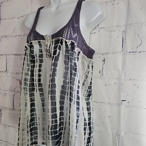 Free People Crochet & Chiffon Boho Tank Top Gray White Animal Print Very Good